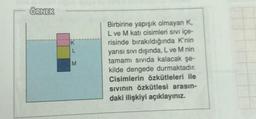 ÖRNEK
L
M
Birbirine yapışık olmayan K,
L ve M kati cisimleri sıvı içe-
risinde bırakıldığında K'nin
yarısı sıvı dışında, L ve M nin
tamamı sıvıda kalacak şe-
kilde dengede durmaktadır.
Cisimlerin özkütleleri ile
sıvının özkütlesi arasın-
daki ilişkiyi açıklayınız.