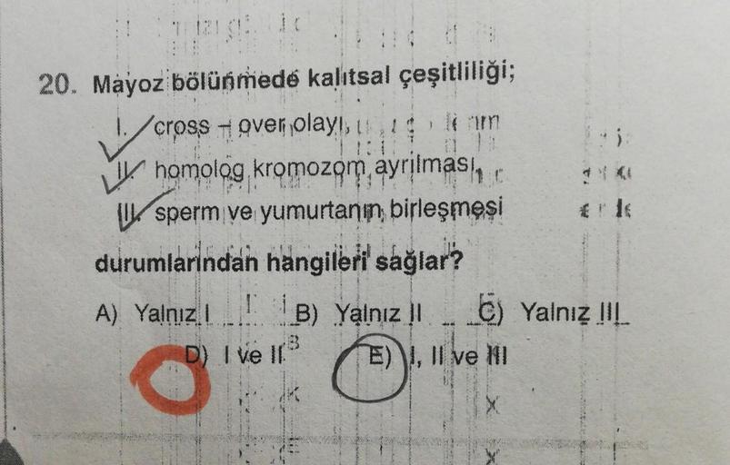 c
20. Mayoz bölünmede kalıtsal çeşitliliği;
✓:// crossover olayı, [!
homolog kromozom ayrılması,
sperm ve yumurtanın birleşmesi
durumlarından hangileri sağlar?
A) Yalnız I
B) Yalnız II
m
D) I ve 11:³
j:
C)Yalnız III
E) I, II ve II
X