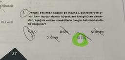 tir.
tetaboliz-
C) II ve III
27
3.
Dengeli beslenen sağlıklı bir insanda, böbreklerden çı-
kan kanı taşıyan damar, böbreklere kan götüren damar-
dan, aşağıda verilen moleküllerin hangisi bakımından da-
ha zengindir?
A) H₂O
D) Glikoz
B) Üre
E) CO₂
C) Gliserol