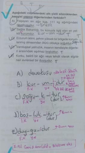 B
fir
Aşağıdaki cümlelerdeki altı çizili sözcüklerden
hangisi yapıca diğerlerinden farklıdır?
I
A) Yaşayan en ağır kuş, 111 kg ağırlığındaki
devekusudur.Birleşik
BY Sağlık Bakanlığı, bu konuyla ilgili olan en yet-
kili i kurumdur. kur-um-dur
T
T
LOY Erzuru