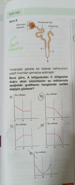 TEST 220
Soru 8
C
Bowman
kapsülü
A)
Su miktarı
A
B
Su miktarı
Yukarıdaki şekilde bir böbrek nefronunun
çeşitli kısımları şematize edilmiştir.
Buna göre, A bölgesinden C bölgesine
doğru akan süzüntünün su miktarında
aşağıdaki grafiklerin hangisinde verilen
değişim gözlenir?
A
B
C
C
Proksimal tüp
A
A
B)
B
B
Distal tüp
A
Su miktarı
C
A
B
Su miktarı
Su miktarı
U
C
B
C
C