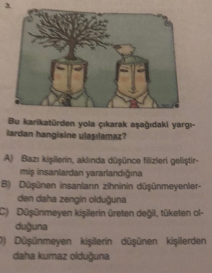 Bu karikatürden yola çıkarak aşağıdaki yargı-
lardan hangisine ulaşılamaz?
A) Bazı kişilerin, aklında düşünce filizleri geliştir-
miş insanlardan yararlandığına
B) Düşünen insanlann zihninin düşünmeyenler-
den daha zengin olduğuna
C) Düşünmeyen kişilerin ü