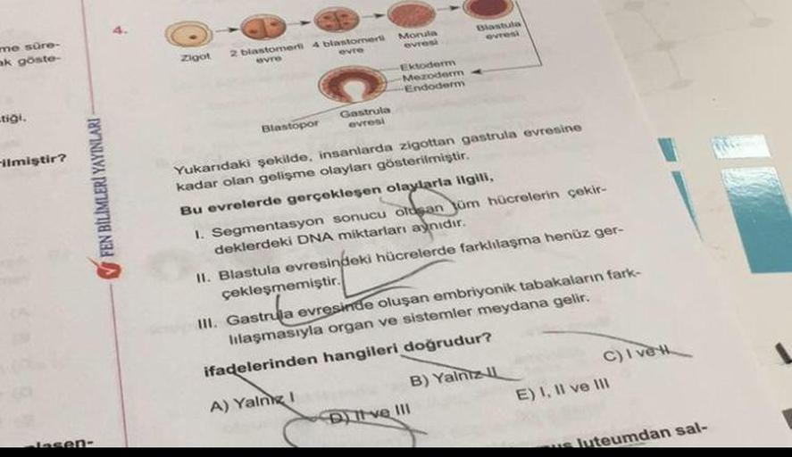 me süre-
ak göste-
tigi.
-ilmiştir?
FEN BİLİMLERİ YAYINLARI-
Jasen-
zigot
2 blastomer 4 blastomeri
evre
evre
Blastopor
Gastrula
evresi
Morula
evresi
Ektoderm
Mezoderm
Endoderm
Blastula
evresi
Yukarıdaki şekilde, insanlarda zigottan gastrula evresine
kadar