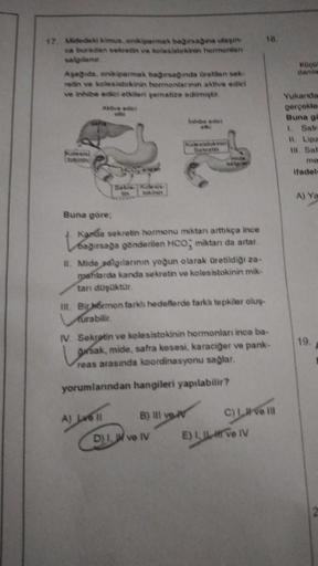 17. Midedeki kimus, onkiparmak bağırsağına ulaşın
ca buradan sekretin ve kolesistekinin hormonlan
salplane
Aşağıda, onkiparmak bağırsağında üretilen sek
retin ve kolesistokinin hormonlarının aktive edici
ve inhibe edici etkileri şematize edilmiştir.
Aktive