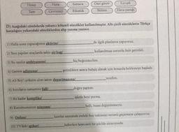 Hesap
Tam
Hava
Çevrimiçi
(7) Bu kadar komplike/
8) Kurumumuzun misyonu/
9) Online/
10) TV'deki spiker/
Sunucu
Etkinlik
1) Hafta sonu yapacağımız aktivite/
2) Yeni yapılan araçlarda sekiz air bag/
3) Bu sınıfın ambiyansını/
4) Garson adisyonu/
5) Ali Bey'i şirketin alım satım departmanına/
6) Soruların tamamını full/
Özel görev
D) Aşağıdaki cümlelerde yabancı kökenli sözcükler kullanılmıştır. Altı çizili sözcüklerin Türkçe
karşılığını yukarıdaki sözcüklerden alıp yanına yazınız.
Bölüm
Karışık
Hava yastığı
ile ilgili planlama yapıyoruz.
kullanılması zorunlu hale getirildi.
hiç beğenmedim.
getirdikten sonra bahşiş almak için kenarda beklemeye başladı.
doğru yaptım.
işlerle beni yorma.
verelim.
belli, bunu değiştiremeyiz.
kurslar sayesinde evdeki boş vaktimizi verimli geçirmeye çalışıyoruz.
haberleri heyecanlı bir şekilde aktarıyordu.