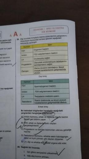 1
in amino asit
bilinmesiyle
A A A
metik kod çeşidi
Inn
di sayısının
don sayısının
leotit sayısının
hızı aşağıdaki
an iki iplikten
aki
39. Dişi ve erkek bireylerin üreme sistemlerinin çalışmasını
düzenleyen hormonlar ve bazı işlevleri aşağıdaki
tablolarda