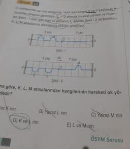 Örnek 11
O noktasında uç uca eklenmiş, farklı kalınlıktakiX ve Y yaylan ER
duvarlan arasına gerilmiştir. L = 0 aninda hareket yönleri ve biçim-
K, LM atmalarına dönüşmüş olduğu görülüyor.
leri Şekil-I deki gibi olan iki atmanın, t, anında Şekil - Il de belirtilen
iz K nin
X yayı
A
D) K ve L nin
Şekil -1
X yayı
EULA
ok
10
Şekil - 11
Y yayı
B) Yalnız L nin
Y yayı
na göre, K, L, M atmalarından hangilerinin hareketi ok yö-
dedir?
R
R
E) L ve M-nin
C) Yalnız M nin
ÖSYM Sorusu