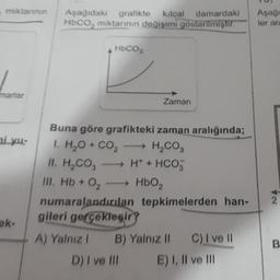 -
mariar
ni yu-
ek-
Aşağıdaki grafikte kılcal damardaki
HbCO, miktarının değişimi gösterilmiştir.
HbCO2
Zaman
Buna göre grafikteki zaman aralığında;
I. H2O + CO2
→ H₂CO3
II. H₂CO3 →→→ H+ + HCO3
III. Hb + O₂ →→→→ HbO₂
numaralandırılan tepkimelerden han-
gileri gerçekleşir?
A) Yalnız I B) Yalnız II C) I ve II
D) I ve III
E) I, II ve III
Aşağı
ler ara
NA
B