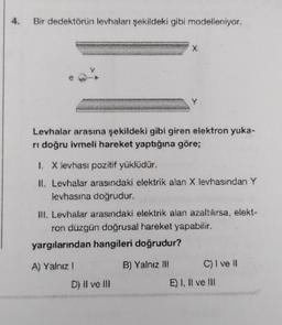 Bir dedektörün levhaları şekildeki gibi modelleniyor.
Levhalar arasına şekildeki gibi giren elektron yuka-
ri doğru ivmeli hareket yaptığına göre;
X
1. X levhası pozitif yüklüdür,
II. Levhalar arasındaki elektrik alan X levhasından Y
levhasına doğrudur.
III. Levhalar arasındaki elektrik alan azaltılırsa, elekt-
ron düzgün doğrusal hareket yapabi
yargılarından hangileri doğrudur?
B) Yalnız III
A) Yalnız 1
D) II ve III
C) I ve II
E) I, II ve III