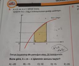 ACIL
5. k>0 ve k 1 olmak üzere,
aşağıda f(x) = logkx fonksiyonunun grafiği verilmiştir.
1
0
DE
m
n
f(x) = logkx
9₁2 = 1
C
K²=n
-X
M-K
Sarıya boyanmış dik yamuğun alanı 30 birimkaredir.
Buna göre, k + m - n işleminin sonucu kaçtır?
A)-20
B)-15
C) 10
D) 15
E) 20
7. As
gr