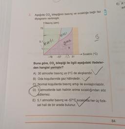 2. Aşağıda CO, bileşiğinin basınç ve sıcaklığa bağlı faz
diyagramı verilmiştir.
Basınç (atm)
73
5,1
kat!
1
15161
-78
gaz
♡
→ Sıcaklık (°C)
-57 5 31
Buna göre, CO₂ bileşiği ile ilgili aşağıdaki ifadeler-
den hangisi yanlıştır?
2
A) 30 atmosfer basınç ve 0°C de akışkandır.
B) Oda koşullarında gaz hâlindedir.
C) Normal koşullarda basınç artışı ile sıvılaştırılabilir.
D) 1 atmosferde katı halinin erime sıcaklığından söz
édilemez.
E) 5,1 atmosfer basınç ve -57°C sıcaklıkta her üç fizik-
sel hali de bir arada bulunur.
84
E) A
art