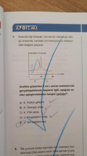 7.
APOIEMI
insanda dişi bireyde, normal bir menstrual dön-
gü sırasında, kandaki LH hormonunun miktarın-
daki değişim şöyledir.
8.
+Kandaki LH düzeyi
14
A) K: Folikül gelişimi
B) K: Östrojen artışı
C) K: FSH etkisi
28
K
L
Grafikte gösterilen K ve L zaman a