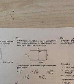 le kurulu şekildeki
tarı kapatılıyor.
n yükleri için ne
51-
Şekildeki düzenekte, kütlesi m olan +q yüklü parçacık
K'den serbest bırakıldığında 3g büyüklüğündeki ivme
ile hareket ederek L noktasına ulaşıyor.
A)
C
V
q. V
m
Buna göre, g yer çekimi ivmesi aşağıdakilerden han-
gisine eşittir?
D)
V-d
2q
K
B)
+q
q. V
2.d.m
düşey
E)
d
3q
V.d-m
C)
d.m
2q. V
55-
O noktasına ipek
alanı içinde şekile
Buna göre,
I. Cismin elek
II. İpteki geri
büyüktür.
III. Elektrik ala
yargılarından h
A) Yalnız I