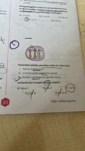 tlerine
karıda
ve ll
kı-
ne
30
16.
Atmosferdeki karbondioksiti azaltarak beslenen
canlılar
Beslenme şekilleri verilen bu canlı gruplarının hava-
nın karbonundan faydalanmalarına göre sıralanışı
aşağıdakilerin hangisinde doğru verilmiştir?
A) I, II ve III
B