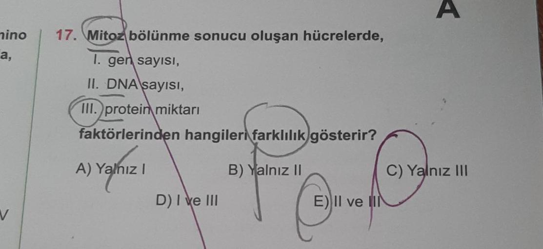 mino
a,
V
17. Mitoz bölünme sonucu oluşan hücrelerde,
I. gen sayısı,
II. DNA sayısı,
III. protein miktarı
faktörlerinden hangileri farklılık gösterir?
A) Yalnız I
B) Yalnız II
D) I ve III
E) II ve IN
A
C) Yalnız III