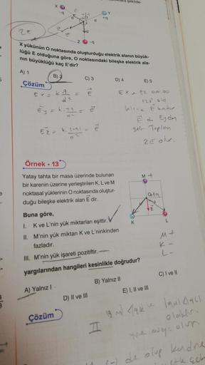 5
e
+
Çözüm
Exc
1.
-q
L
d
20-9
X yükünün O noktasında oluşturduğu elektrik alanın büyük-
lüğü E olduğuna göre, O noktasındaki bileşke elektrik ala-
nın büyüklüğü kaç E'dir?
A) 1
B) 2
k-9
A) Yalnız I
€ 2 = k (-9)
Çözüm
+=
Vd
d2
Ey = k. 1₁ = ²²
d
C) 3
E
Örne