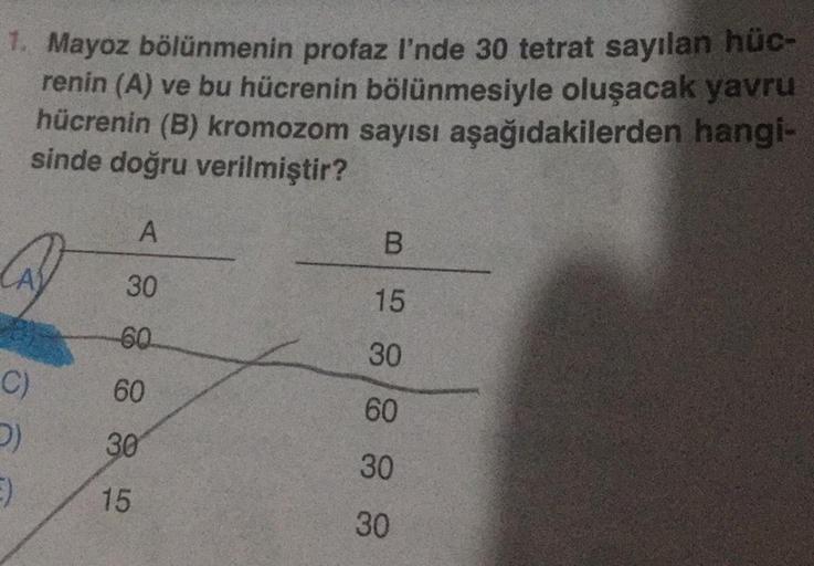 1. Mayoz bölünmenin profaz l'nde 30 tetrat sayılan hüc-
renin (A) ve bu hücrenin bölünmesiyle oluşacak yavru
hücrenin (B) kromozom sayısı aşağıdakilerden hangi-
sinde doğru verilmiştir?
C)
D)
E)
30
60
60
30
15
B
15
30
60
30
30