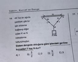 Vektör, Kuvvet ve Denge
14. 4N 'luk bir ağırlık
şekildeki gibi bir
ipin ortasına
bağlanıp diğer
uçları K ve N
noktalarına
tutturulmuştur.
Sistem dengede olduğuna göre iplerdeki gerilme
kuvvetleri T kaç N dur?
C) 2
2
SL
T
GL.
O
M
PAN
2
St
T
E) 3
17.
si