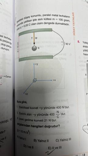 alel levhalar-
lü parçacığa
olup parça-
duruyor.
2t
I
vüklüğü, YZ
pilir?
Zaman
I ve II
1
Şekildeki düşey konumlu, paralel metal levhaların
arasında yalıtkan iple asılı kütlesi m
100 gram,
yükü q=0,05 C olan cisim dengede durmaktadır.
to P
E
+Z
Tip
q
↑+y
=
