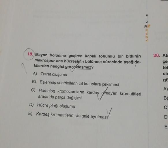 18. Mayoz bölünme geçiren kapalı tohumlu bir bitkinin
makrospor ana hücresinin bölünme sürecinde aşağıda-
kilerden hangisi gerçekleşmez?
A) Tetrat oluşumu
B) Eşlenmiş sentriollerin zıt kutuplara çekilmesi
C) Homolog kromozomların kardeş olmayan kromatitler