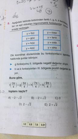 H
t
R
tir. E
K
Bo
9+25
34
34+15
y = f(x)
y = g(x)
y = h(x)
y = k(x)
8. Aşağıdaki tabloda birbirinden farklı f, g, h, k fonksiyon
ları ve eşit oldukları trigonometrik fonksiyonlar
sırada verilmiştir.
49 7
D) 2-√2
+3
B) −2+√2
Dik koordinat düzleminde bu fonksiyonların işaretleri
hakkında şunlar biliniyor.
g fonksiyonu II. bölgede negatif değerler alıyor.
h ve k fonksiyonları III. bölgede pozitif değerler alı-
inte
yor.
Buna göre,
9t
f( 37 ) + g( 57 ) + n( 71 ) + k ( 31 )
4
4
4
4
toplamı kaçtır?
A) -2-√2
5.E 6.B 7.B 8.0
y = cosx
y = tanx
y = cotx
y = sinx
C) 0
karışık
E) 2+ √2
2