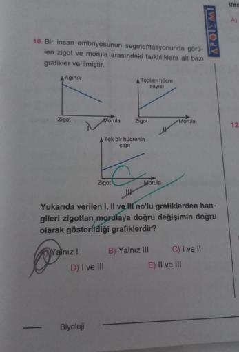 -
10. Bir insan embriyosunun segmentasyonunda görü-
len zigot ve morula arasındaki farklılıklara ait bazı
grafikler verilmiştir.
AAğırlık
Zigot
N
Yalnız!
Morula
Biyoloji
Zigot
D) I ve III
Toplam hücre
sayısı
Zigot
Tek bir hücrenin
çapı
Morula
W
Yukarıda ve