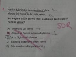 5.
Gören düşinde bir gice mestâne gözlerin
Nergis gibi humâr ile bir yılda uyanır
Bu beyitte divan şiiriyle ilgili aşağıdaki özelliklerden
hangisi yoktur?
SOR
A) Mazmuna yer verme
+
B) Arapça ve Farsça tamlama kullanma
C) Aruz ölçüsünü kullanma
10
D) Söyleyiş güzelliğine önem verme
E) Söz sanatlarından yararlanma
of