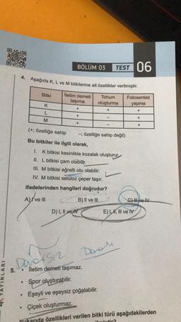 NLARI
4. Aşağıda K, L ve M bitkilerine ait özellikler verilmiştir.
İletim demeti
taşıma
Tohum
oluşturma
+
+
●
•
Bitki
●
BÖLÜM 03
K
L
M
+
(+; özelliğe sahip
Bu bitkiler ile ilgili olarak,
1. K bitkisi kesinlikle kozalak oluşturur
II. L bitkisi çam olabilir.
III. M bitkisi eğrelti otu olabilir.
IV. M bitkisi selüloz çeper taşır.
ifadelerinden hangileri doğrudur?
A) ve III
B) II ve III
D) I, II ve IV
TEST 06
-; özelliğe sahip değil)
7
Donal
Fotosentez
yapma
+
E) I, III ve IV
Davor Siz
5. İletim demeti taşımaz.
Spor oluşturabilir.
Eşeyli ve eşeysiz çoğalabilir.
Çiçek oluşturmaz.
Yukarıda özellikleri verilen bitki türü aşağıdakilerden
ilmiştir?
+
C) II ve IV