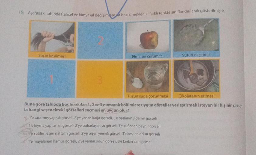 19. Aşağıdaki tabloda fiziksel ve kimyasal değişimeret bazı örnekler iki farklı renkte sınıflandırılarak gösterilmiştir.
Saçın kesilmesi
Elmanın çürümesi
Sütün eksimesi
Tuzun suda çözünmesi
Çikolatanın erimesi
Buna göre tabloda boş bırakılan 1, 2 ve 3 numa
