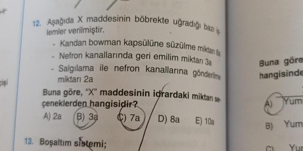 pişi
lemler verilmiştir.
12. Aşağıda X maddesinin böbrekte uğradığı bazı iş
Kandan bowman kapsülüne süzülme miktarı da
Nefron kanallarında geri emilim miktarı 3a
Salgılama ile nefron kanallarına gönderilme
miktarı 2a
Buna göre, "X" maddesinin idrardaki mik