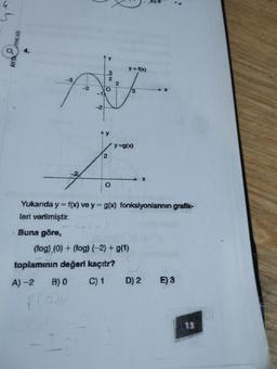 -2
. Buna göre,
3
2
O
2
O
2
y = f(x)
y=g(x)
Yukarıda y = f(x) ve y= g(x) fonksiyonlarının grafik-
leri verilmiştir.
toplamının değeri kaçıtr?
A)-2 B) 0
C) 1
3
(fog),(0) + (fog) (-2) + g(1)
D) 2
E) 3
13