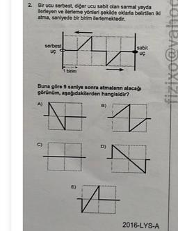 2. Bir ucu serbest, diğer ucu sabit olan sarmal yayda
ilerleyen ve ilerleme yönleri şekilde oklarla belirtilen iki
atma, saniyede bir birim ilerlemektedir.
A)
serbest
UC
C)
1 birim
Buna göre 9 saniye sonra atmaların alacağı
görünüm, aşağıdakilerden hangisidir?
N
B)
D)
sabit
UÇ
1
N
A
2016-LYS-A