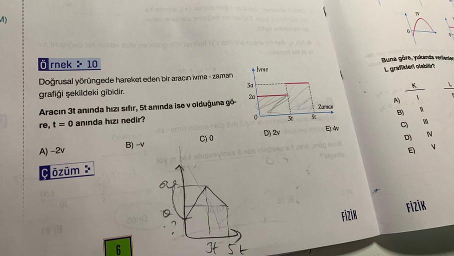 VA imişibeb sin nalibo eble nebling nipt emlud y'v
Örnek: 10
Doğrusal yörüngede hareket eden bir aracın ivme - zaman
grafiği şekildeki gibidir.
Aracın 3t anında hızı sıfır, 5t anında ise v olduğuna gö-
re, t= 0 anında hızı nedir?
A) -2v
Çözüm :
16 (3
e asi