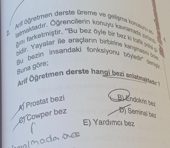 Arif öğretmen derste üreme ve gelişme konusunu an-
latmaktadır. Oğrencilerin konuyu kavramada zorlandı-
ğını farketmiştir. "Bu bez öyle bir bez ki trafik polisi gi-
bidir. Yayalar ile araçların birbirine karışmasını önler.
Bu bezin insandaki fonksiyonu böy