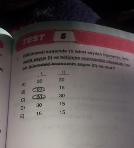 aç
TEST
Bölünmesi sırasında 15 tetrat sayılan hücrenin, kro-
matit sayısı (1) ve bölünme sonrasında oluşacak her
bir hücredeki kromozom sayısı (II) ne olur?
A)
B)
C)
D)
E)
30
60
60
5
30
15
11
30
15
30
15
15