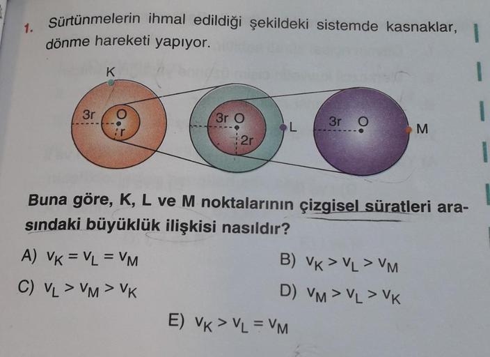 1. Sürtünmelerin ihmal edildiği şekildeki sistemde kasnaklar,
dönme hareketi yapıyor.
3r
K
3r O
2r
L
3r 0
E) VK > VL = VM
Buna göre, K, L ve M noktalarının çizgisel süratleri ara-
sındaki büyüklük ilişkisi nasıldır?
A) VK = VL = VM
C) VL > VM > VK
B) VK > 