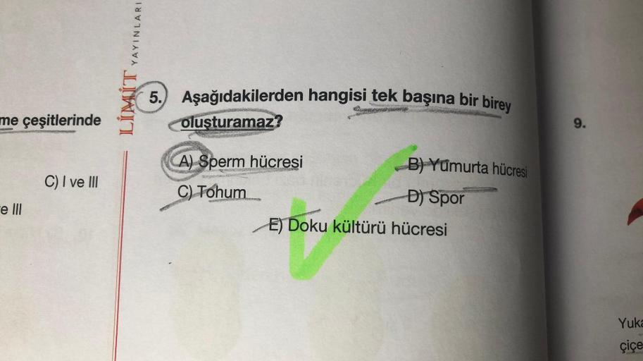 me çeşitlerinde
e III
C) I ve III
YAYINLARI
LİMİT
5. Aşağıdakilerden hangisi tek başına bir birey
oluşturamaz?
Chopprensk
(A) Sperm hücresi
C) Tohum
WANYCH
B) Yumurta hücresi
D) Spor
E) Doku kültürü hücresi
9.
Yuka
çiçe