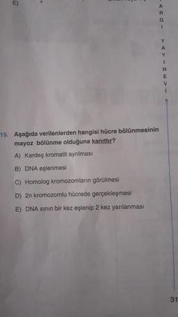 E)
19. Aşağıda verilenlerden hangisi hücre bölünmesinin
mayoz bölünme olduğuna kanıttır?
A) Kardeş kromatit ayrılması
B) DNA eşlenmesi
C) Homolog kromozomların görülmesi
D) 2n kromozomlu hücrede gerçekleşmesi
E) DNA sının bir kez eşlenip 2 kez yarılanması
1
YAYINE
i
31