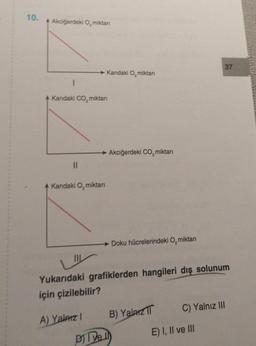 10.
4 Akciğerdeki O, miktarı
A Kandaki CO₂ miktarı
11
Kandaki O, miktarı
A Kandaki O, miktarı
Akciğerdeki CO₂ miktarı
Doku hücrelerindeki O, miktarı
Yukarıdaki grafiklerden hangileri dış solunum
için çizilebilir?
A) Yalnızl
B) Yalnız II
D) TVell
37
C) Yalnız III
E) I, II ve III