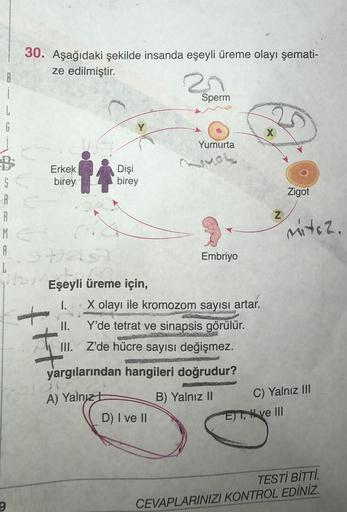 8
i
L
G
R
30. Aşağıdaki şekilde insanda eşeyli üreme olayı şemati-
ze edilmiştir.
Erkek
birey
Y
L
its
A 377251
co
Eşeyli üreme için,
1.
II.
III.
blou
Dişi
birey
A) Yalnız
20
Sperm
Yumurta
X olayı ile kromozom sayısı artar.
www
D) I ve II
Embriyo
Y'de tetra