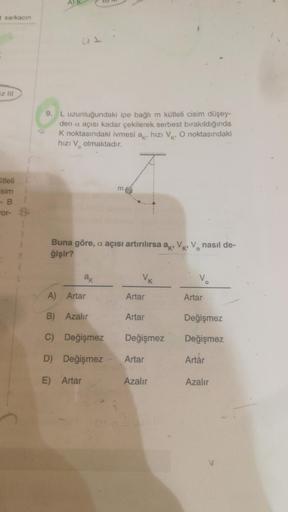 sarkacın
az III
tleli
sim
- B
or- B
Ut
9. L uzunluğundaki ipe bağlı m kütleli cisim düşey-
den a açısı kadar çekilerek serbest bırakıldığında
K noktasındaki ivmesi ak, hızı V, O noktasındaki
hizi Vo
olmaktadır.
Buna göre, a açısı artırılırsa a VK² V nasıl 