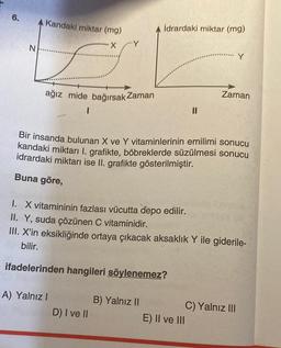 6.
N
Kandaki miktar (mg)
X
ağız mide bağırsak Zaman
A) Yalnız I
İdrardaki miktar (mg)
Bir insanda bulunan X ve Y vitaminlerinin emilimi sonucu
kandaki miktarı 1. grafikte, böbreklerde süzülmesi sonucu
idrardaki miktarı ise II. grafikte gösterilmiştir.
Buna göre,
D) I ve II
1. X vitamininin fazlası vücutta depo edilir.
II. Y, suda çözünen C vitaminidir.
III. X'in eksikliğinde ortaya çıkacak aksaklık Y ile giderile-
bilir.
ifadelerinden hangileri söylenemez?
B) Yalnız II
Y
Zaman
E) II ve III
C) Yalnız III