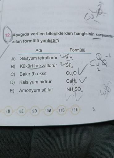 12. Aşağıda verilen bileşiklerden hangisinin karşısında y
zılan formülü yanlıştır?
A) Silisyum tetraflorür
B) Kükürt hekzaflorür
C) Bakır (1) oksit
D) Kalsiyum hidrür
E) Amonyum sülfat
7D
Adi
8E
Formülü
cuxa
SIF
SF
Cu₂o
CaH₂ V
NH SO
4
VV
9D 10A 11B 12E
ch