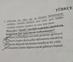 TÜRKÇE
1. Dünyada tek olan, eşi ve benzeri bulunmayan
varlıkları bildiren isimlere özel isim; aynı türden
varlıkları bildiren isimlere ise cins isim denir.
Buna göre "damla” sözcüğü aşağıdaki cümlelerin
hangisinde özel isim olarak kullanılmıştır?
Damla kullandığım için artık gözlerim ağrımıyor.
B) Damla bugün okula gidip diplomasını alacakmış.
Damla düşmedi köyümüze neredeyse bir yıldır.
B) Damlalar yüzüne değince çocuk gülmeye başladı.