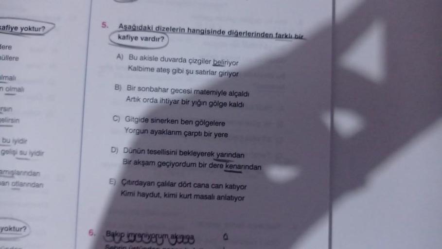 afiye yoktur?
dere
müllere
Imali
in olmal
irsin
gelirsin
bu iyidir
gelişi su iyidir
amışlarından
an otlanndan
yoktur?
5. Aşağıdaki dizelerin hangisinde diğerlerinden farklı bir
kafiye vardır?
A) Bu akisle duvarda çizgiler beliriyor
Kalbime ateş gibi şu sat