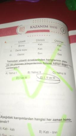 1.
11.
III.
Çözelti
Bronz
Deniz suyu
Gazoz
KAZANIM TESTI
D) I ve III
A) Kati - kati
E) SIX COL
Çözücü
Kati
Kati
SIVI
Çözünen
Kati
Tablodaki çözelti örneklerinden hangilerinin çözü-
cü ve çözünen bileşenlerinin fiziksel hâlleri doğru
verilmiştir?
A) Yalnız I
B) Yalnız II
SIVI
E) I, II ve III
Gaz
C) Yalnız III
Aşağıdaki karışımlardan hangisi her zaman homo-
jendir?
B) Katı - Sivi