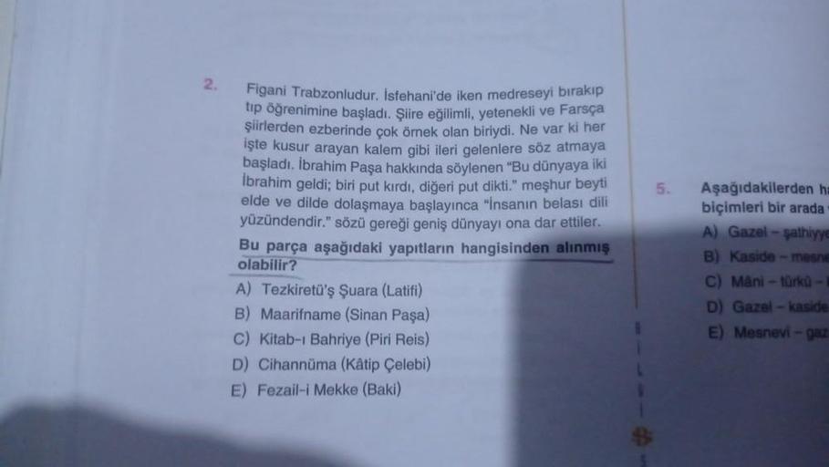 2.
Figani Trabzonludur. İsfehani'de iken medreseyi bırakıp
tıp öğrenimine başladı. Şiire eğilimli, yetenekli ve Farsça
şiirlerden ezberinde çok örnek olan biriydi. Ne var ki her
işte kusur arayan kalem gibi ileri gelenlere söz atmaya
başladı. İbrahim Paşa 