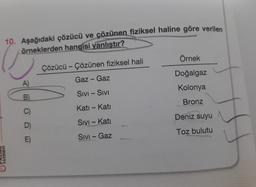 YAYINEVI
10. Aşağıdaki çözücü ve çözünen fiziksel haline göre verilen
örneklerden hangisi yanlıştır?
A)
D)
E)
Çözücü - Çözünen fiziksel hali
Gaz - Gaz
SIVI - SIVI
Katı - Katı
Sıvı - Kati
SIVI - Gaz
Örnek
Doğalgaz
Kolonya
Bronz
Deniz suyu
Toz bulutu