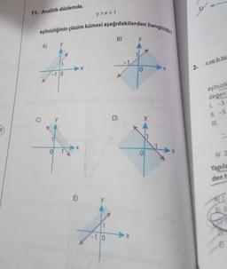 11
11. Analitik düzlemde,
eşitsizliğinin çözüm kümesi aşağıdakilerden hangisidir?
A)
()
y
-1/0
0
******
X
E)
y>x+1
X
1
-10
B)
D)
-1
y
0
y
0
-X
X
2.
a ve b bi
eşitsizli
değeri
1. -3
11. -5
III.
IV. 2
Yapıla
den h
ALL.
B) II
E)