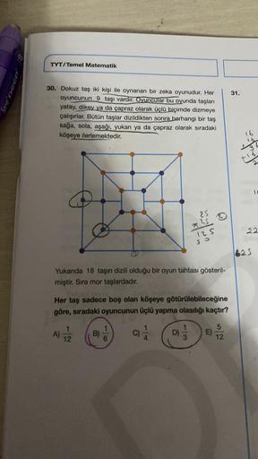Serve DEEP
TYT/Temel Matematik
30. Dokuz taş iki kişi ile oynanan bir zeka oyunudur. Her
oyuncunun 9 taşı vardır. Oyuncular bu oyunda taşları
yatay, dikey ya da çapraz olarak üçlü biçimde dizmeye
çalışırlar. Bütün taşlar dizildikten sonra herhangi bir taş